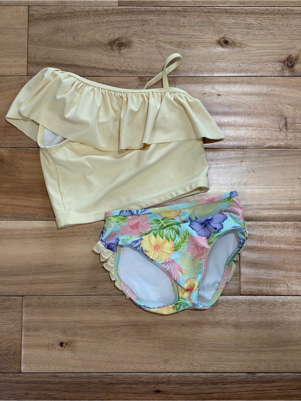 Ruffle Butts Yellow One-Shoulder Tankini with Floral Accents